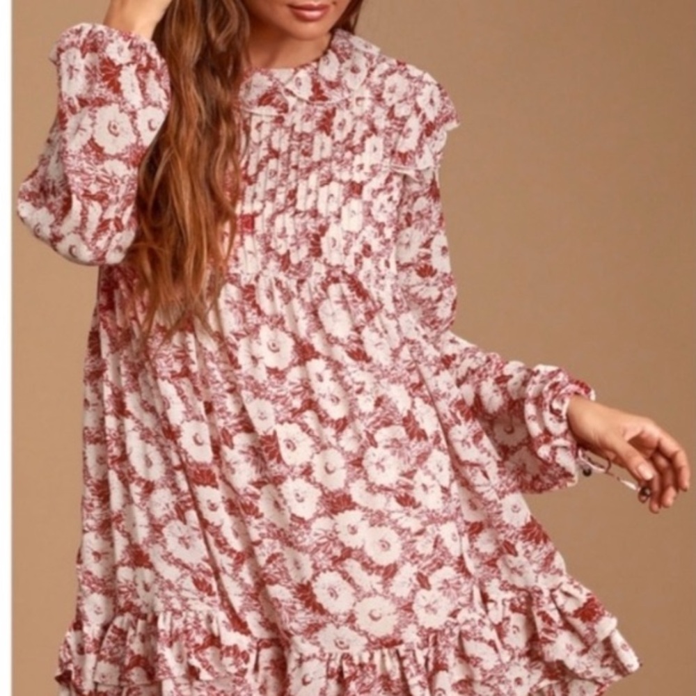 Free People Dusty Rose and White Floral Long Sleeve Swing Dress